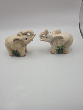 Ceramic Elephant Salt and Pepper Shakers - Cream with Green Accents